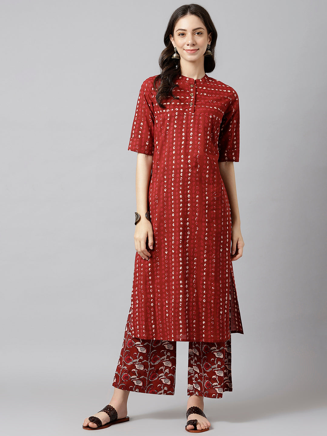 Women's Maroon Pure Cotton Straight Printed Kurta With Palazzo Set - Deckedup