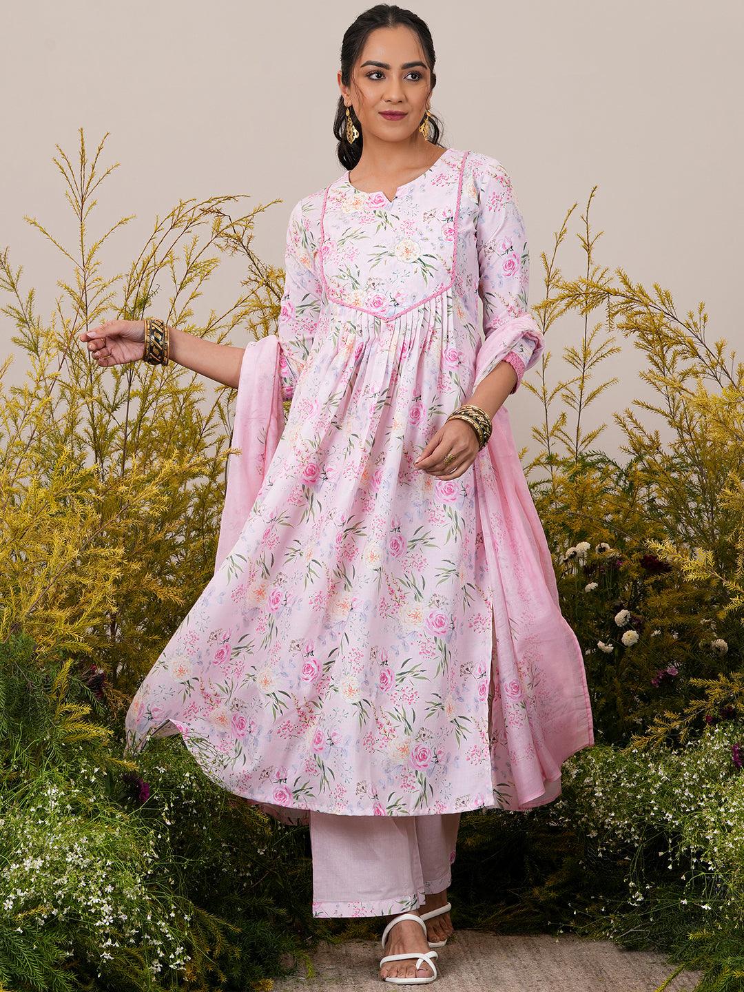 Pink Printed Cotton Blend A-Line Kurta With Palazzos & Dupatta - Jashvi