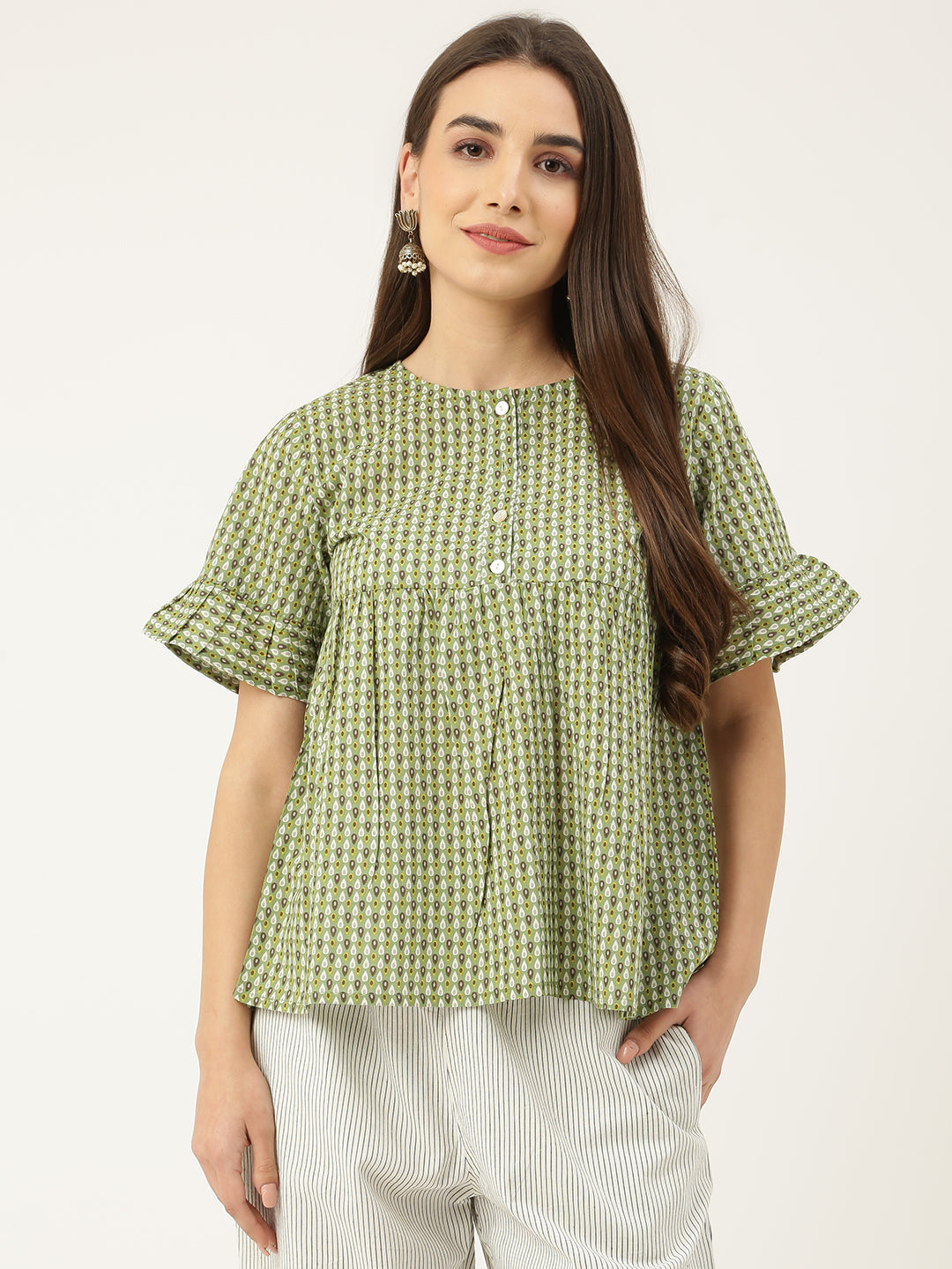 Women's Green Geometric Top With Round Neck - Deckedup