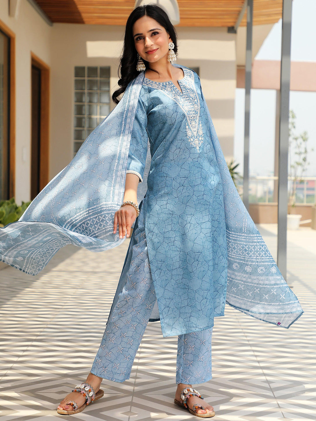 Blue Yoke Design Cotton Straight Suit With Dupatta - Jashvi