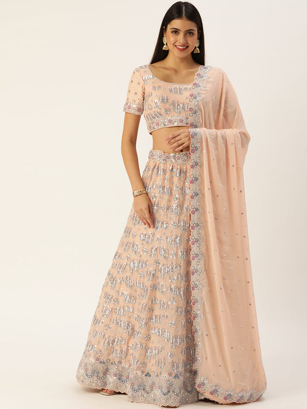 Women's Peach Pure Georgette Sequince, Zarkan Diamond Work Lehenga & Blouse, Dupatta - Royal Dwells