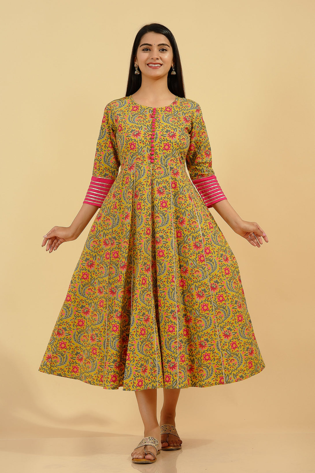 Women's Cotton Floral Flared Kurta (Multicolor) - Kipek