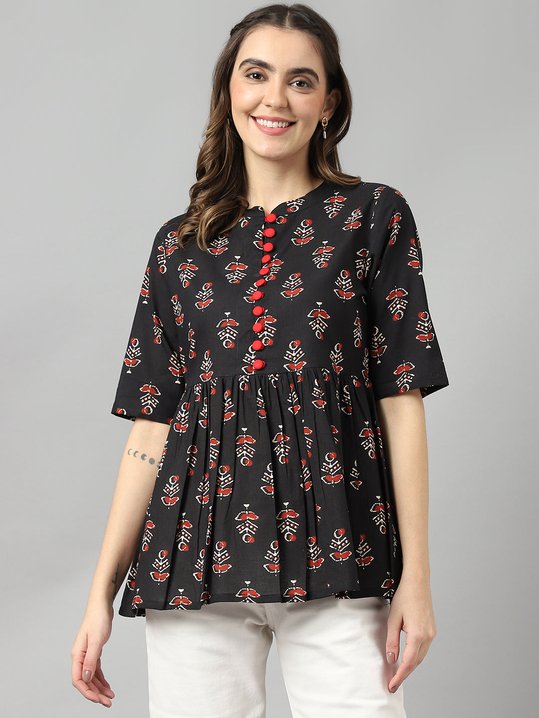 Women's Black Motif Print Cotton Top - Deckedup