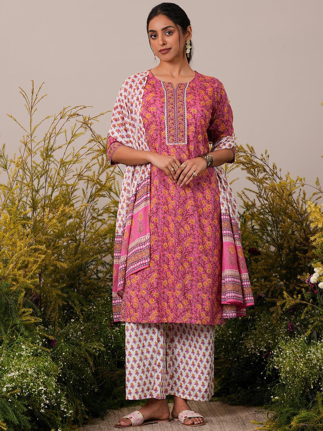 Pink Printed Cotton Straight Suit With Dupatta - Jashvi