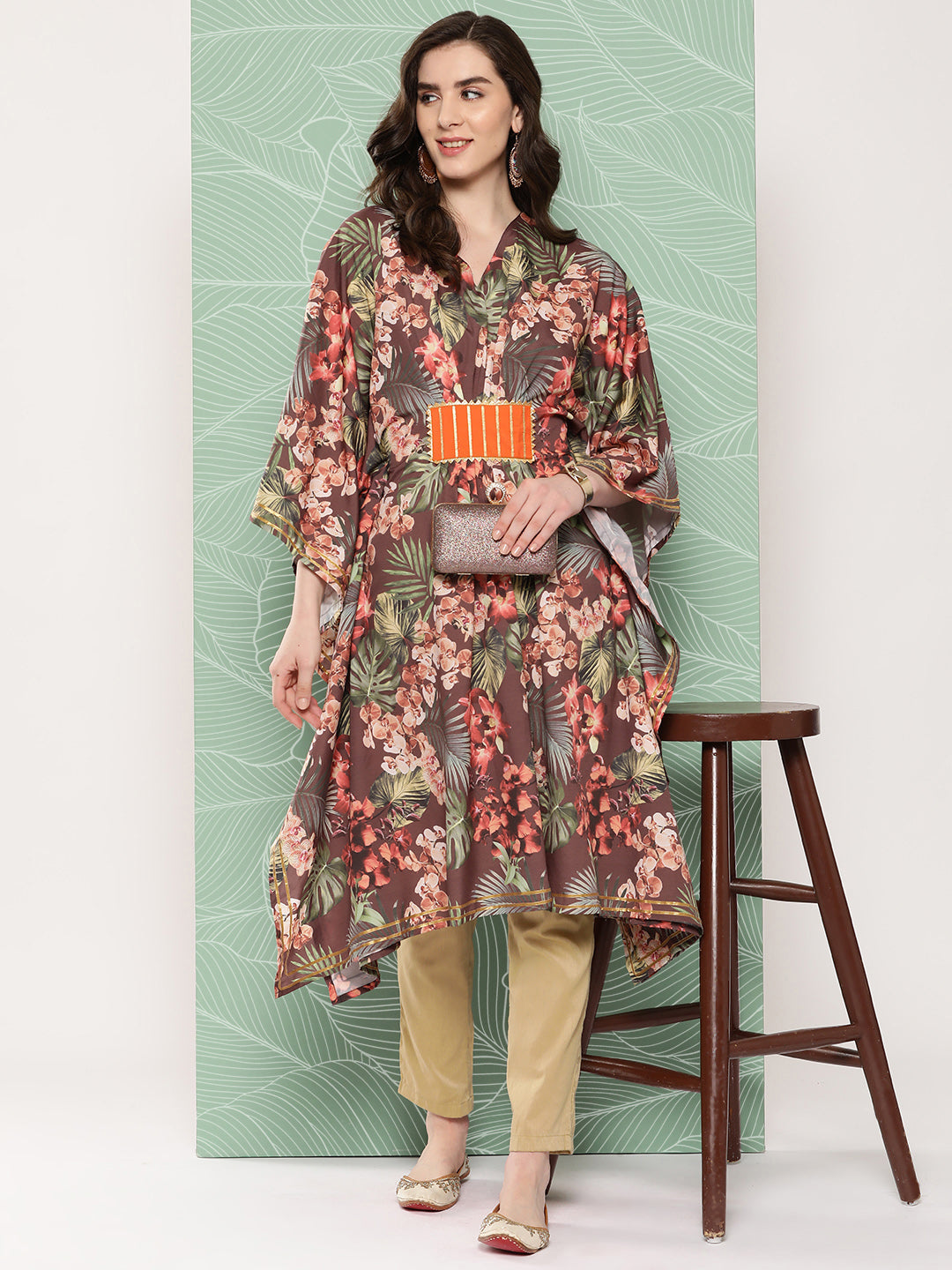 Women's Floral Printed Flared Sleeves Gotta Patti Crepe Kaftan Kurta - Ahalyaa