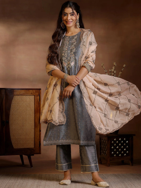 Grey Yoke Design Silk Blend Straight Suits With Dupatta