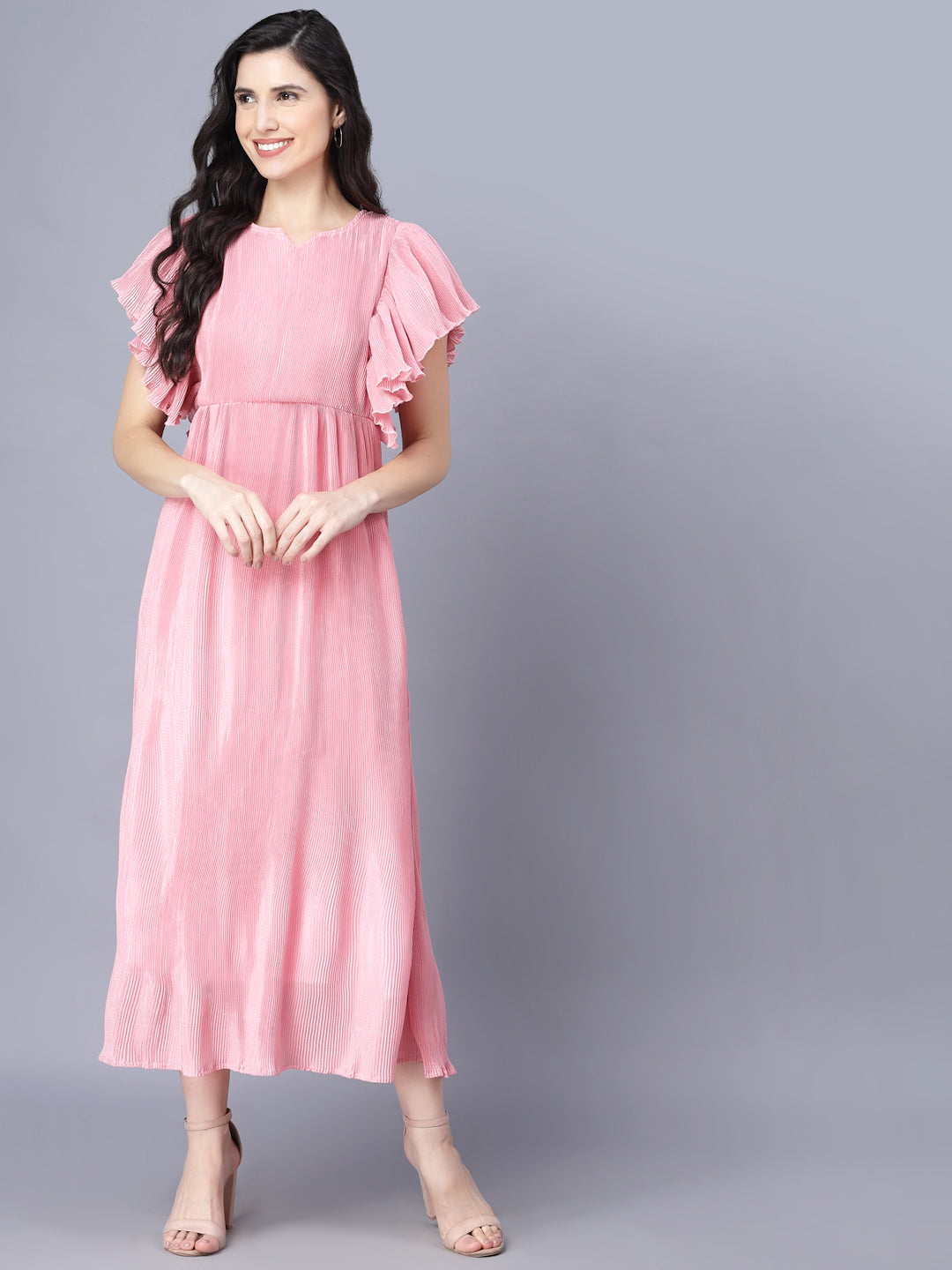 Women's Chiffon Solid Short Sleeve Round Pink  Women Dress - Myshka