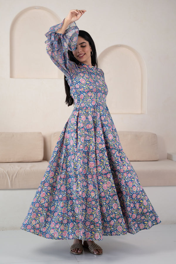 Blue Floral Printed Gown For Women By Saras The Label- (1Pc Set)