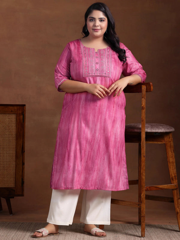 Plus Size Pink Yoke Design Cotton Straight Kurta