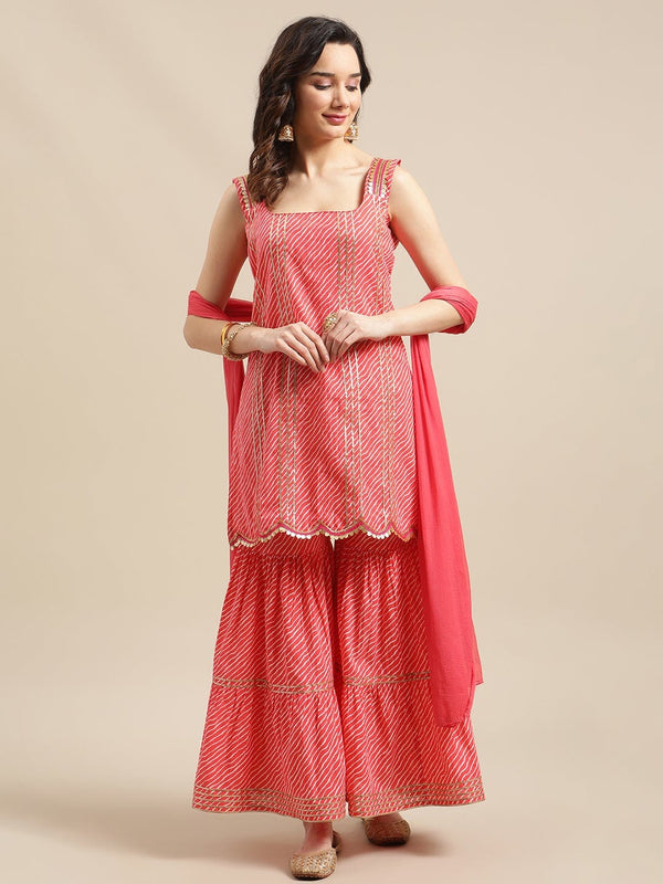 Women's Peach Heavy Gota Embellished Kurta Sharara Set With Chiffon Dupatta - Varanga