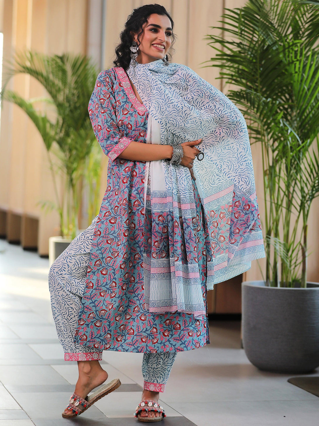 Blue Printed Cotton Straight Suit With Dupatta - Jashvi