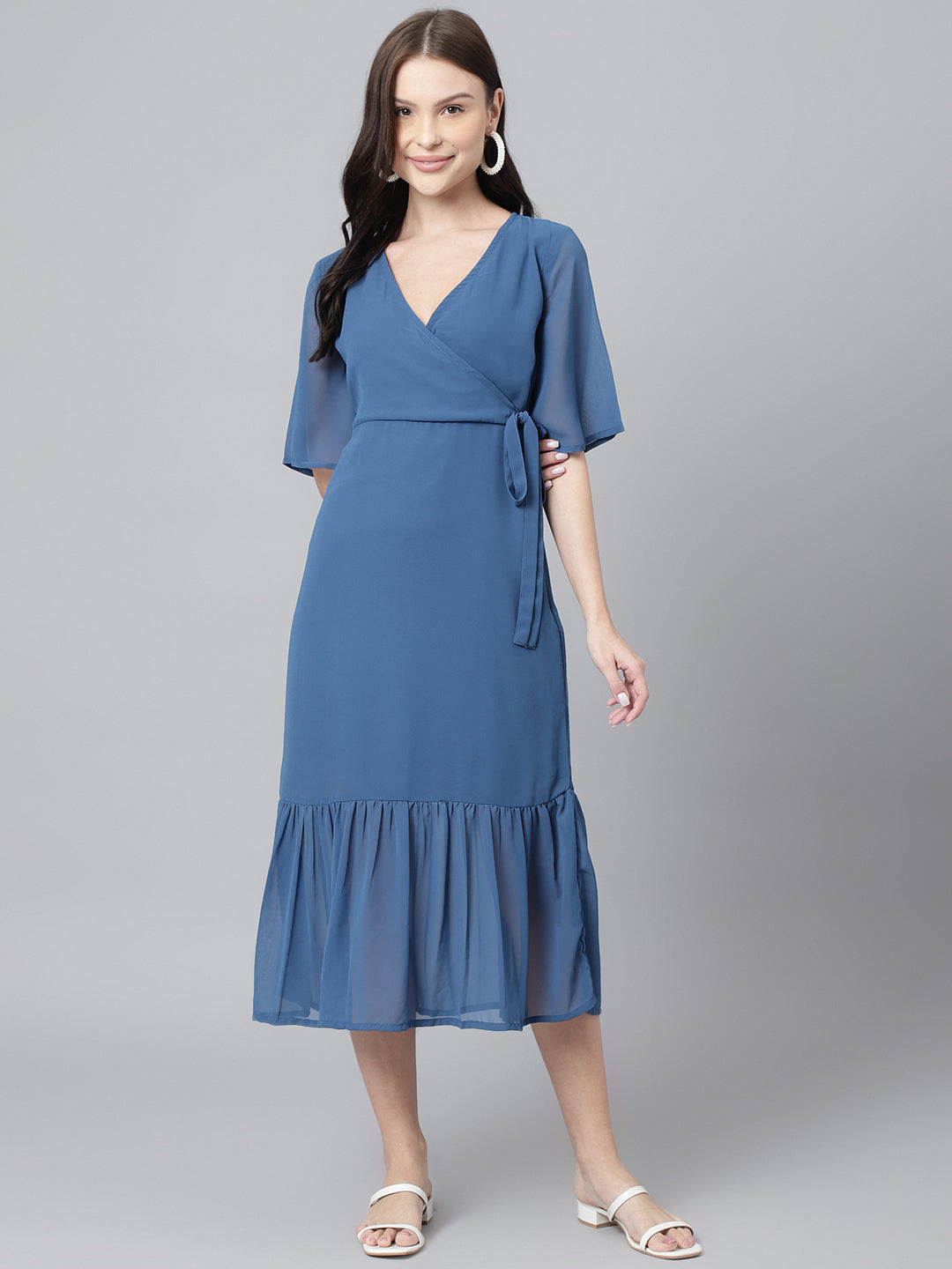 Women's Blue Georgette Aline Midi Dress - DECKEDUP