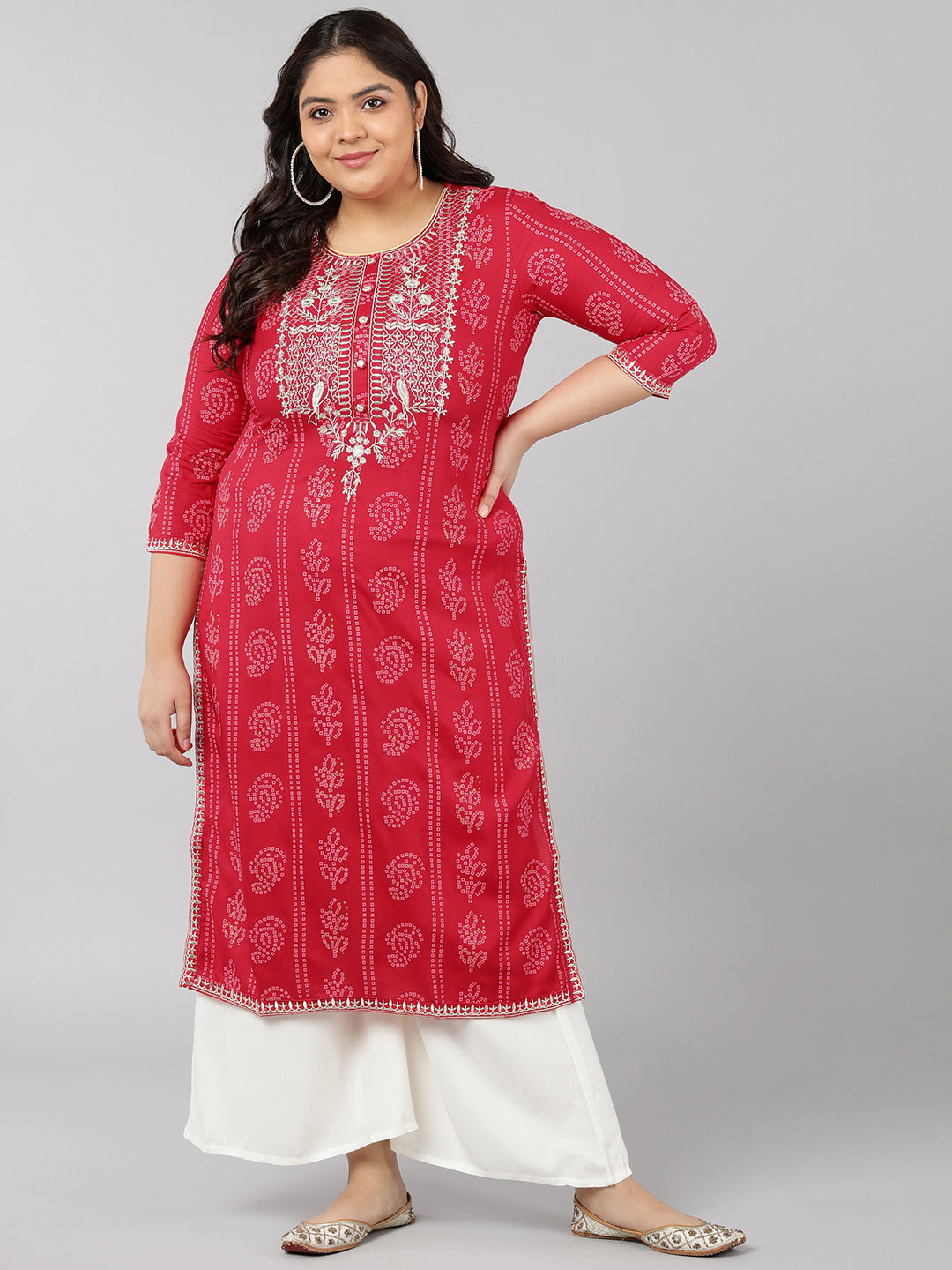 Women's Rayon Bandhani Print Straight Kurta (Red) - Kipek