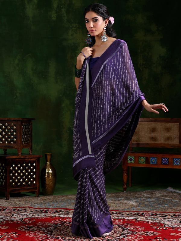 Purple Printed Satin Saree With Unstitched Blouse Piece