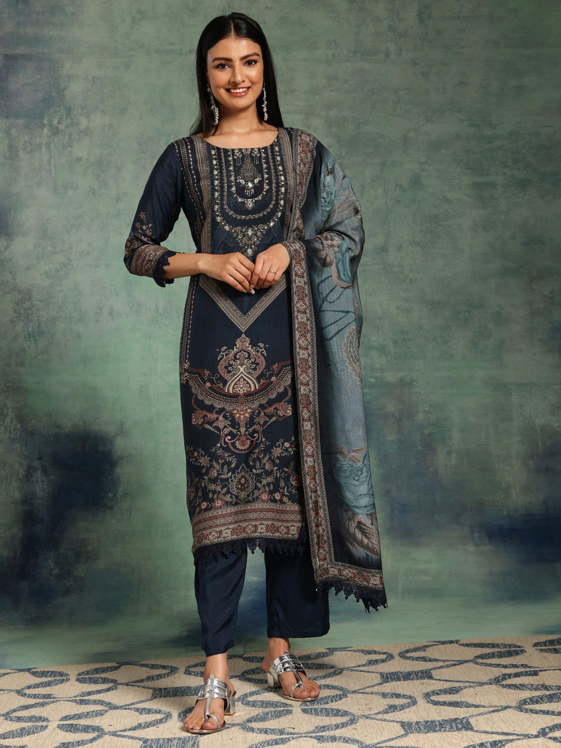 Blue Printed Silk Blend Straight Suit With Dupatta - Jashvi