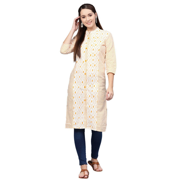 Women's White Cotton Printed 3/4 Sleeve Round Neck Casual Kurta Only - Myshka