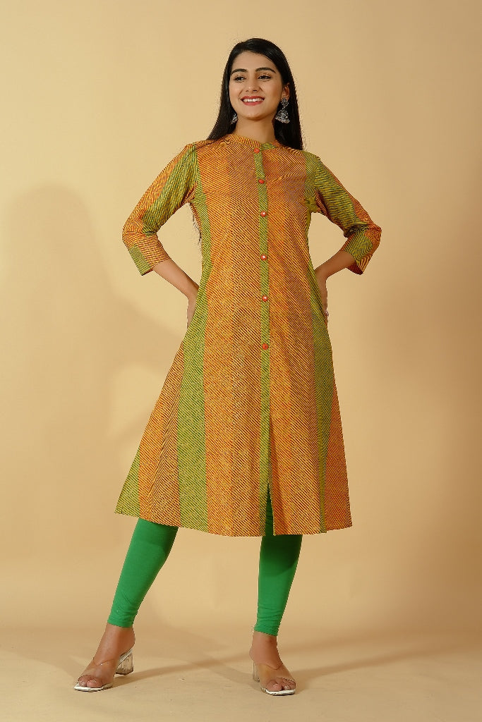 Women's Cotton Stripe Print A-Line Kurta (Orange) - Kipek