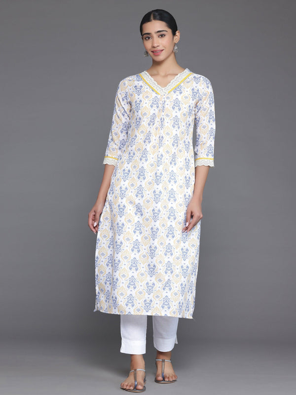 Off White Printed Cotton Straight Kurta