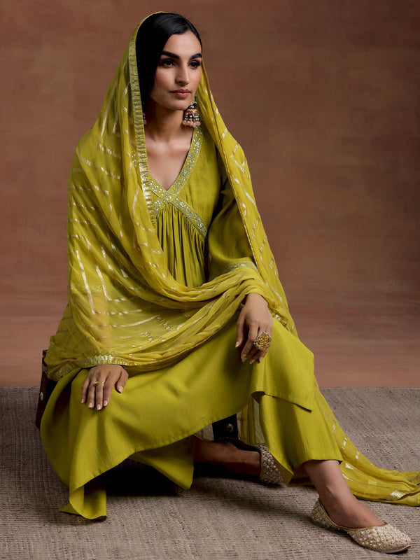 Olive Solid Silk Blend A-Line Kurta With Trousers & Dupatta - Jashvi