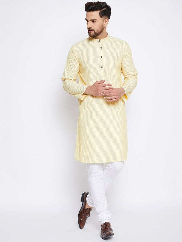 Men's Pure Cotton Striped Yellow Kurta - Even Apparels