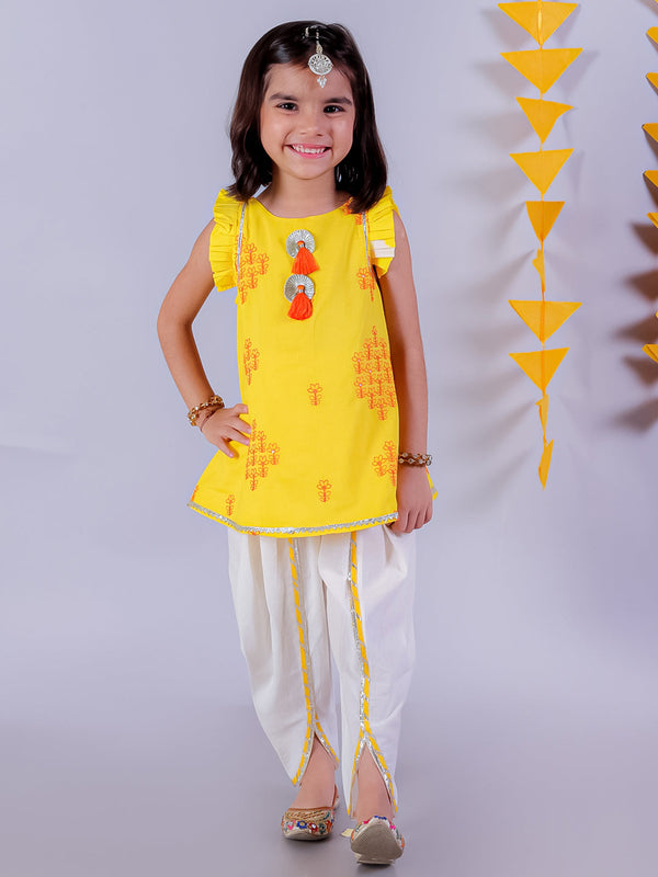 Girl's Yellow Cotton Embroided Kurta Dhoti Set - Lil Drama