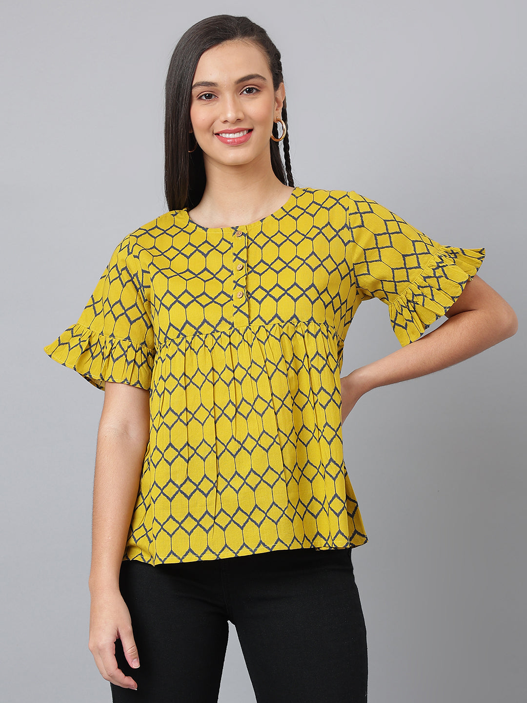 Women's Mustard Top Is Round Neck With Openable Buttons - Deckedup