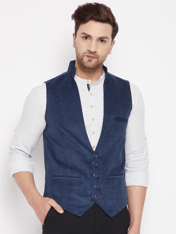 Men's Blue Color Woven Nehru Jacket - Even Apparels