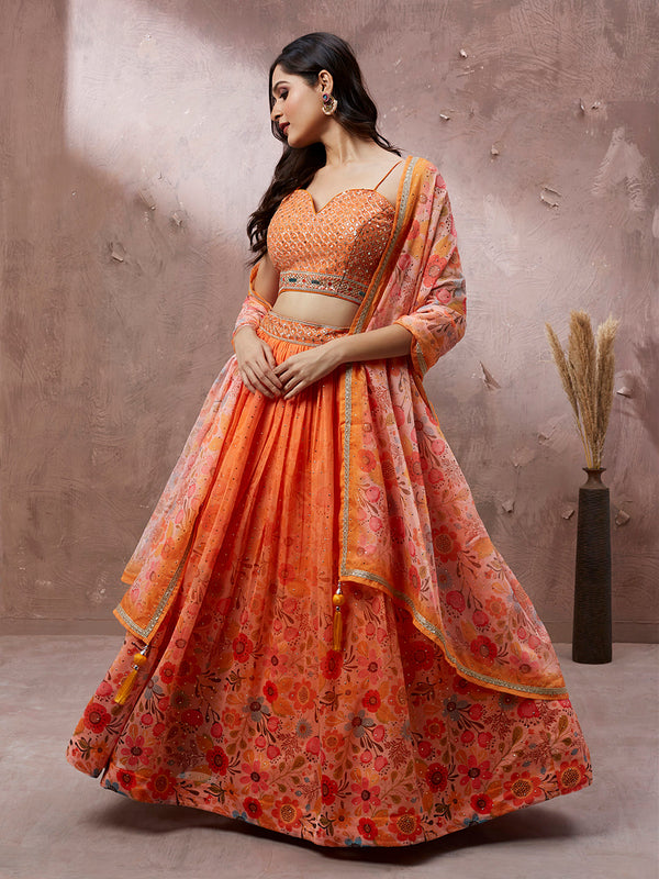 Women's Orange Organza Floral Printed Semi-Stitched Lehenga Choli & Dupatta - Royal Dwells