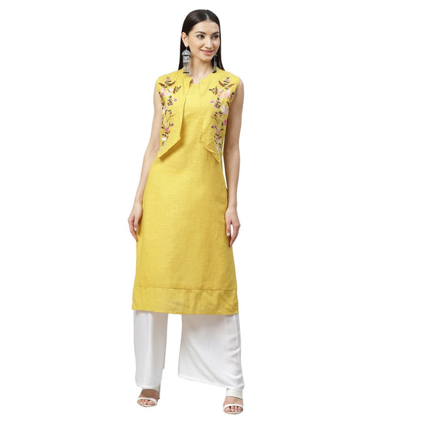 Women's Yellow Cotton Slub Printed Sleeveless Round Neck Casual Dress - Myshka