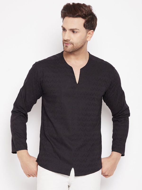 Men's Black Color Kurta with Slit Neckline - Even Apparels