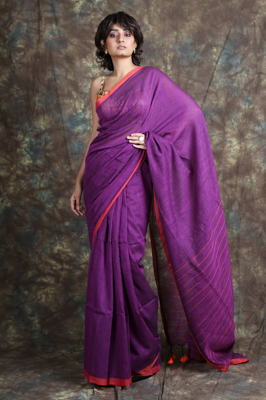 Women's Cotton Handloom Saree with Jumka Pompom1 - Charukriti