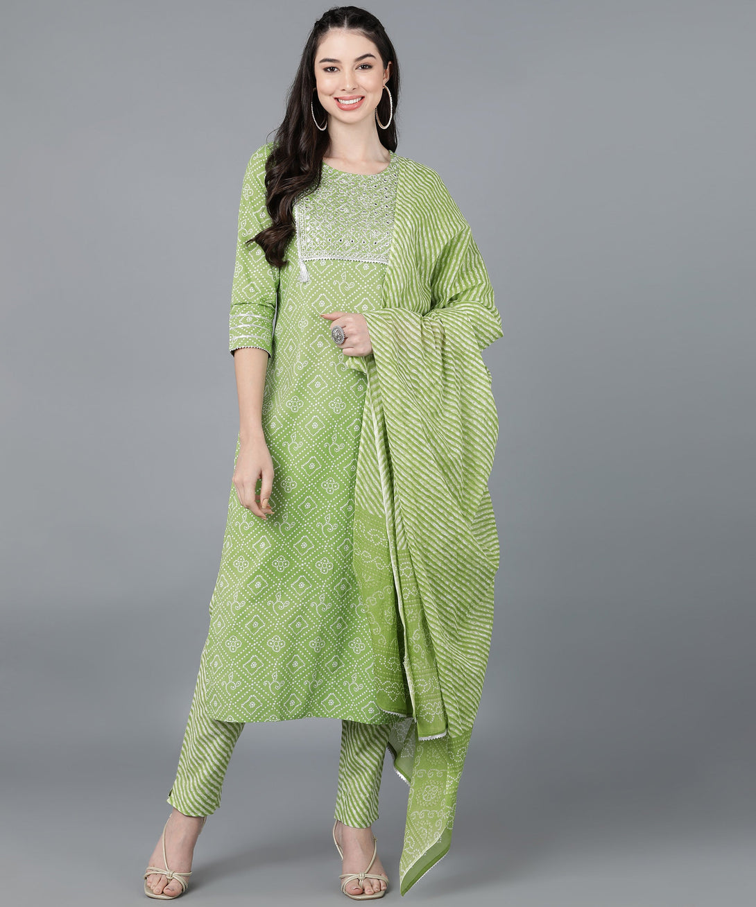 Women's Cotton Lehriya Print Straight Kurta Set (Green) - Kipek