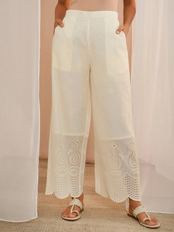 Off White Embroidered Cotton Wide Leg Palazzos