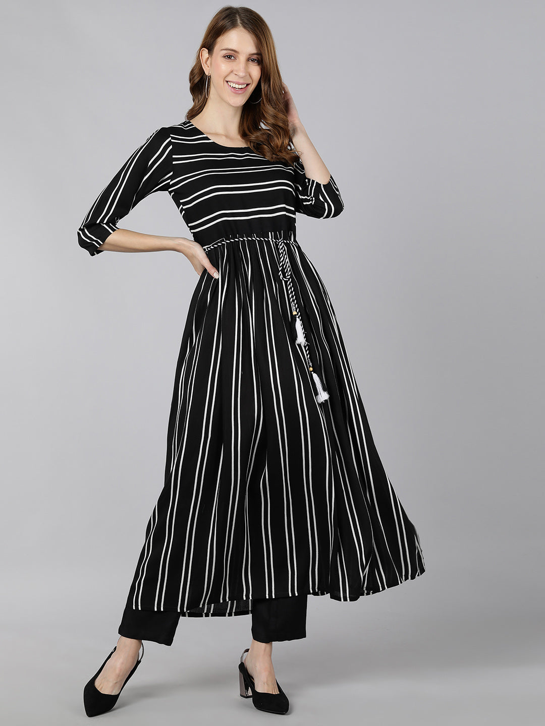 Women's Rayon Striped Printed Flared Dress (Black & White) - Kipek