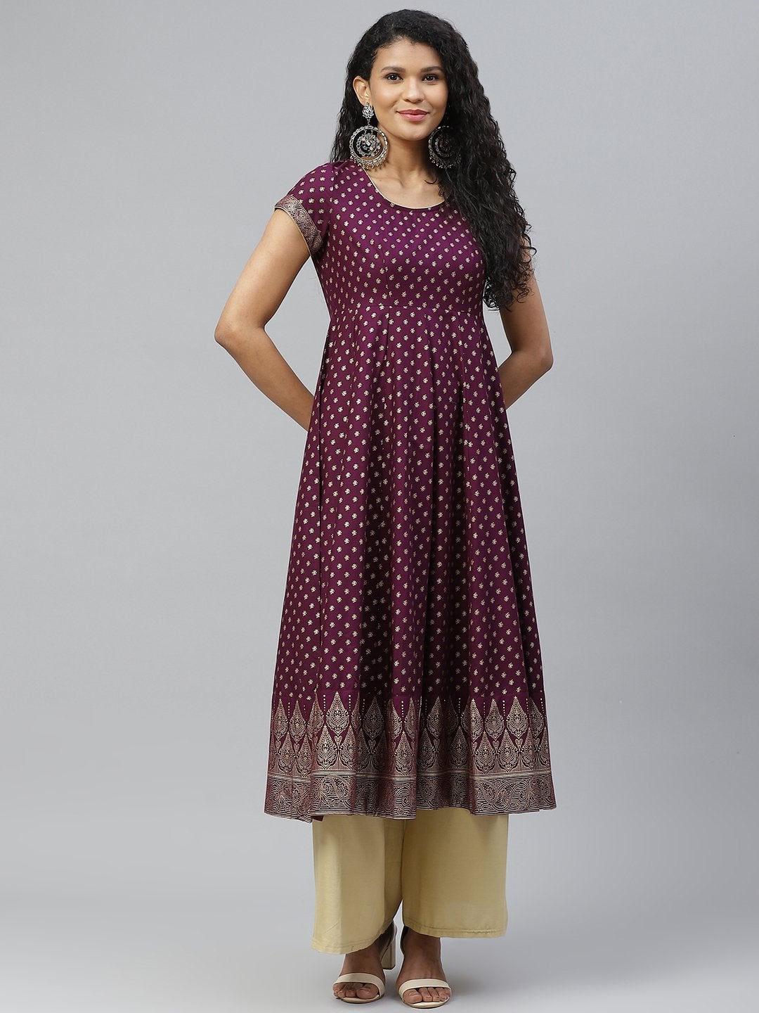 Women's Red Anarkali Round Neck Golden Print Kurta - Poshak Hub