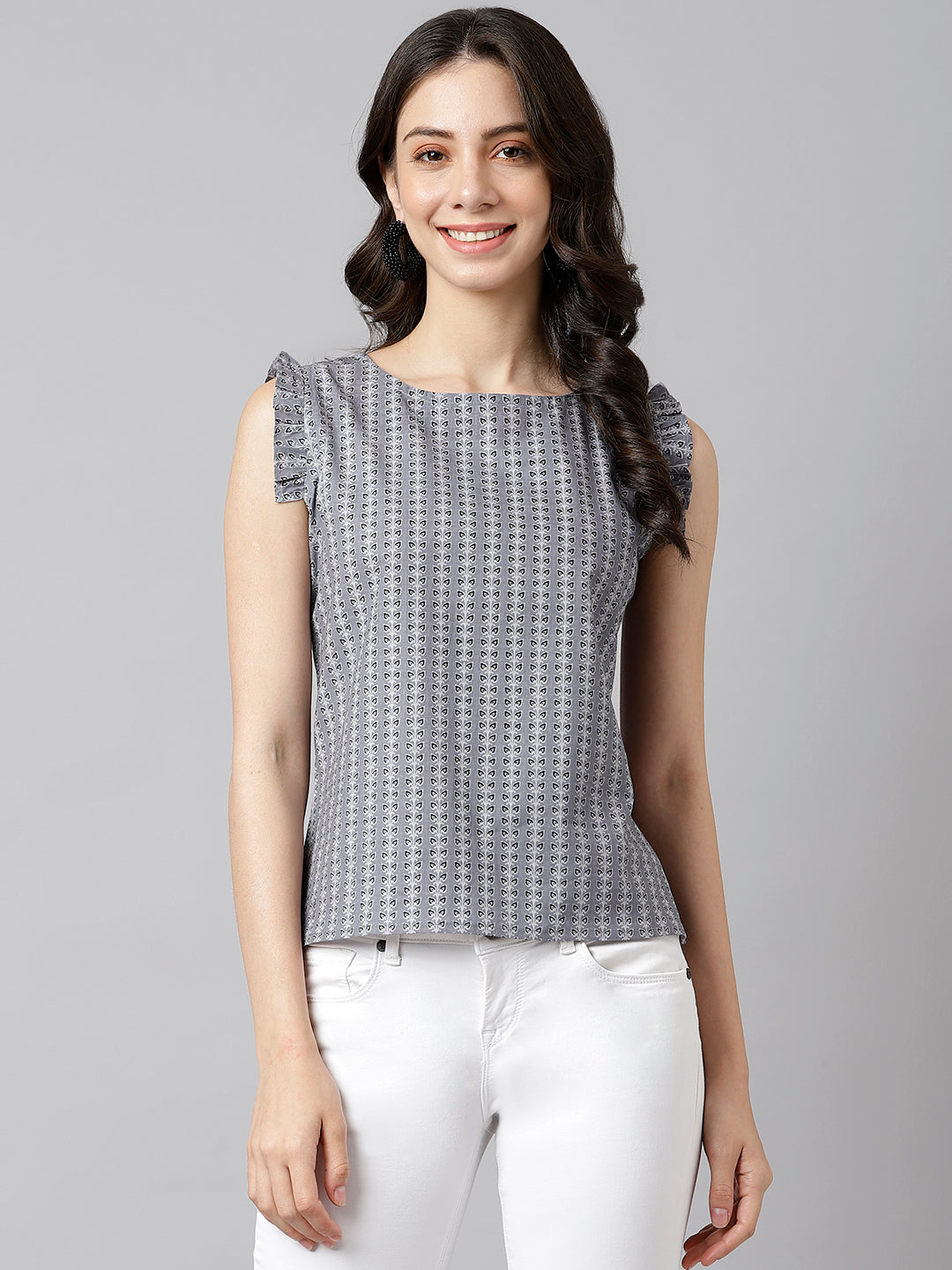 Women's Grey Cotton Printed Sleeveless Top - Deckedup