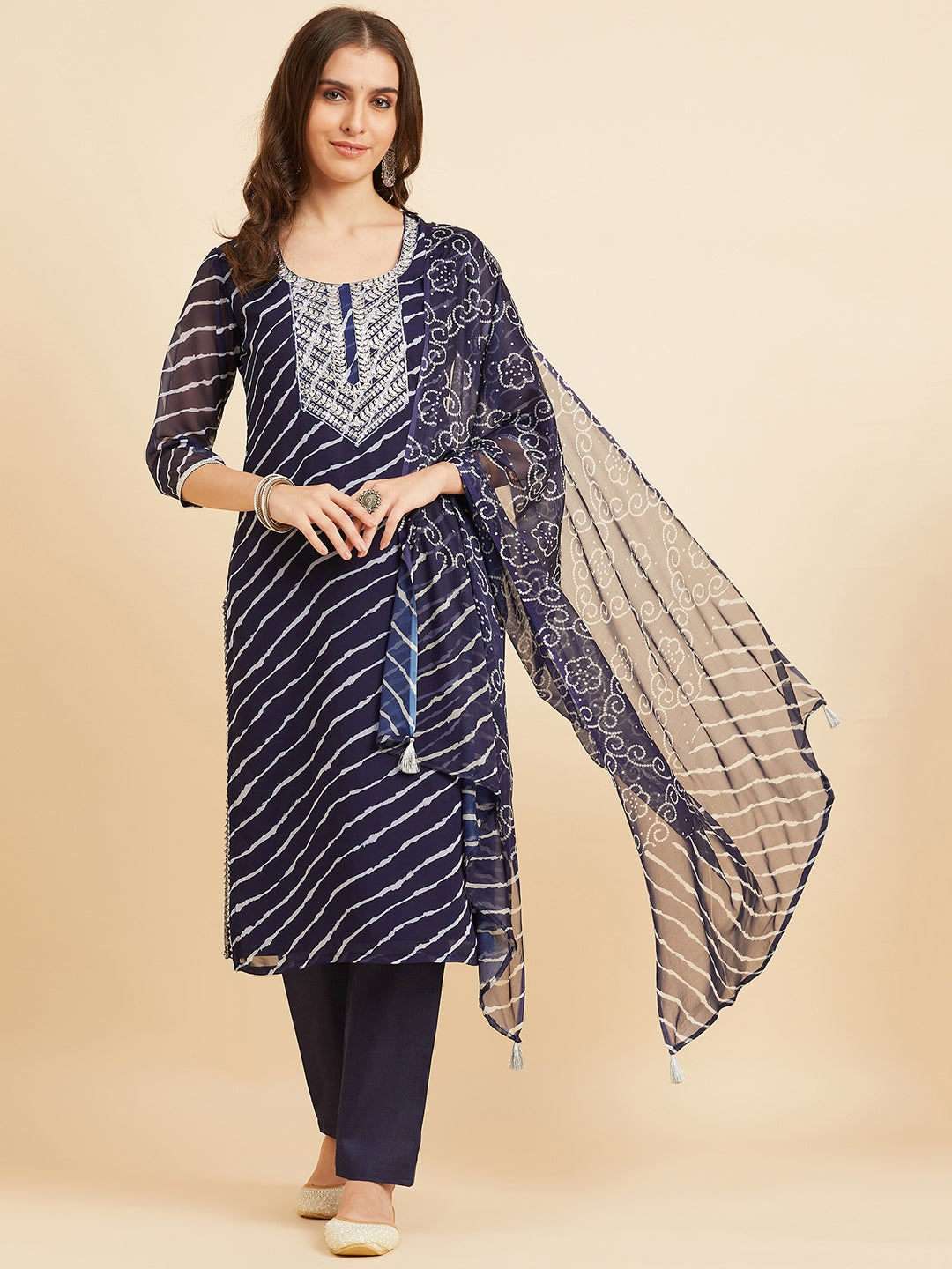 Women's Blue Georgette Leheriya Kurta With Palazzo & Dupatta Set - Azira