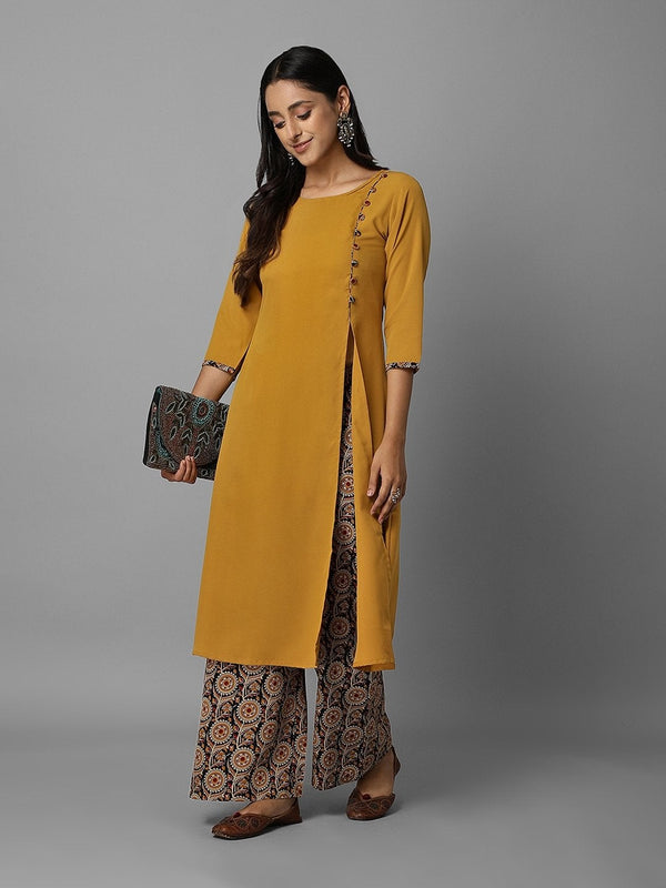 Women's Soild Mustard A-Line Kurta Palazzo Set - Azira