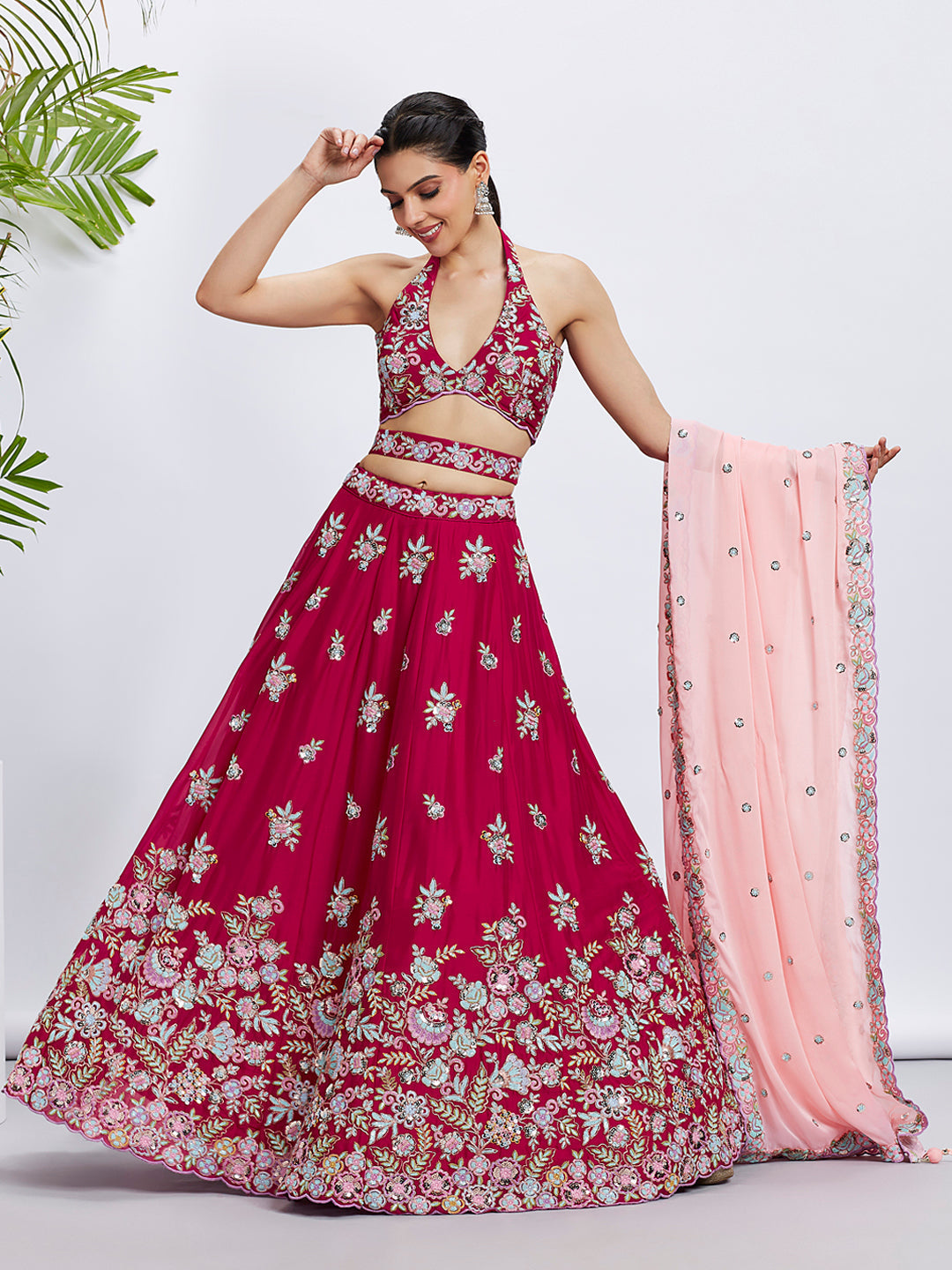 Women's Rose Pure Georgette Sequins And Thread Embroidery Lehenga Choli & Dupatta - Royal Dwells