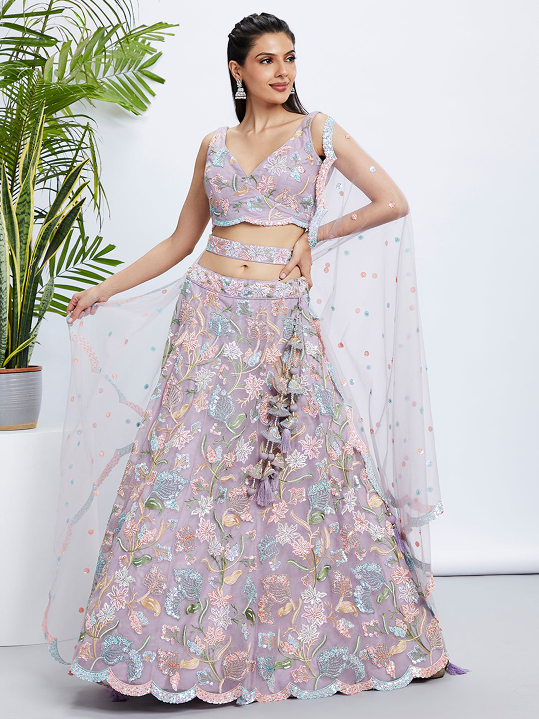 Women's Pink Chiffon Sequins And Thread Embroidery  Lehenga Choli & Printed Dupatta - Royal Dwells