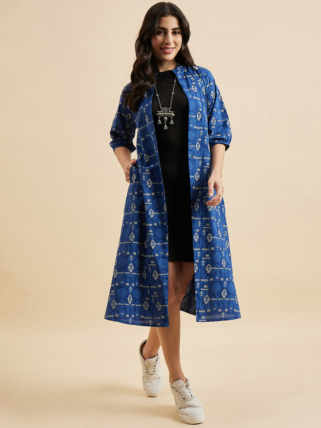 Women's Blue Cotton Printed Front Open Shrug - Azira