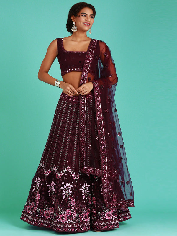 Women's Burgundy Net Sequince Work Lehenga & Blouse, Dupatta - Royal Dwells