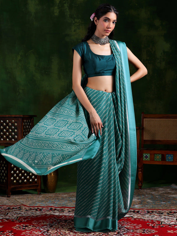 Green Printed Satin Saree With Unstitched Blouse Piece