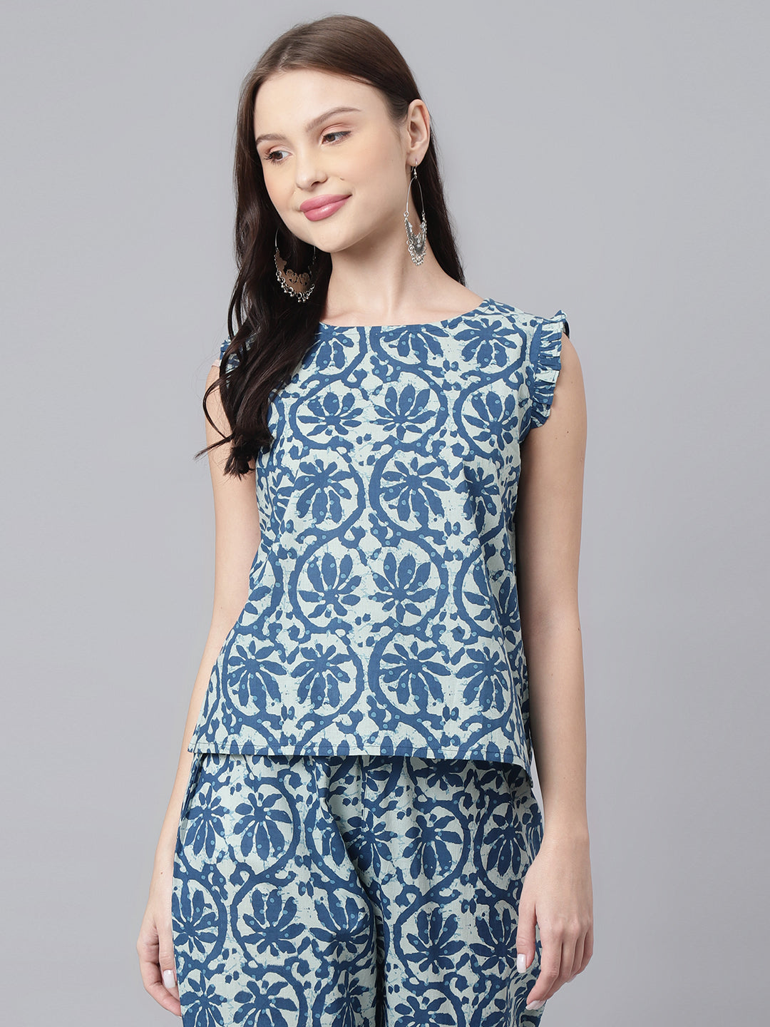 Women's Blue Abstract Cotton Print Off-White Ruffle Sleevless Casual Top - DECKEDUP