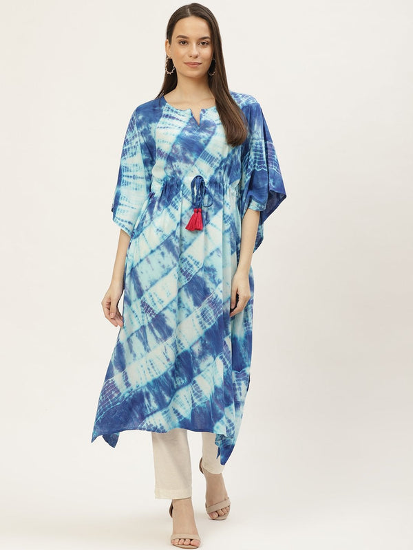 Women's Blue & Off White Dyed Extended Sleeves Kaftan Kurta (1pc) - Maaesa