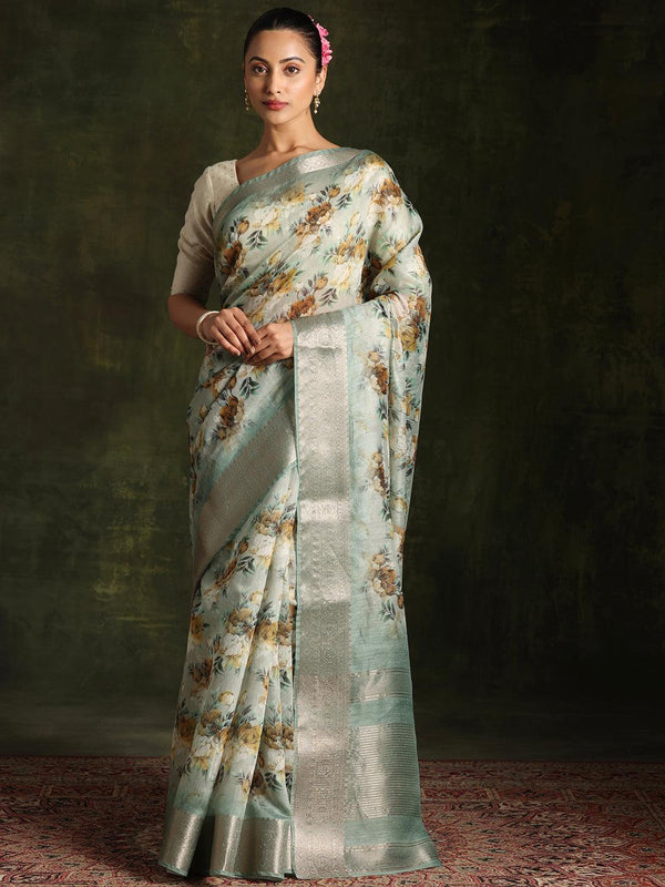 Green Printed Silk Blend Saree With Unstitched Blouse Piece - Jashvi