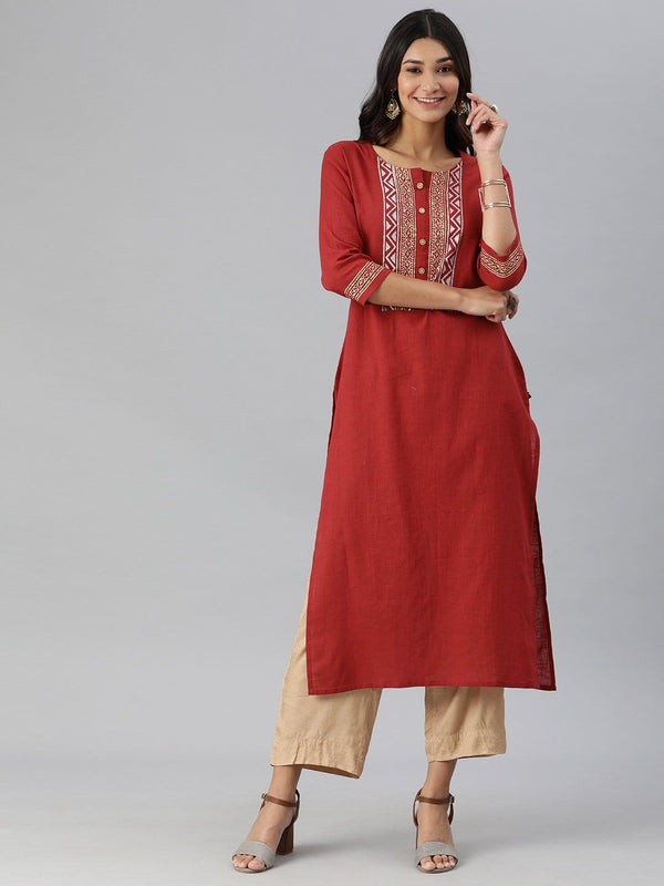 Women's KSUT Red And Gold Block Printed Straight Kurta With 3/4Th Sleeves - Varanga