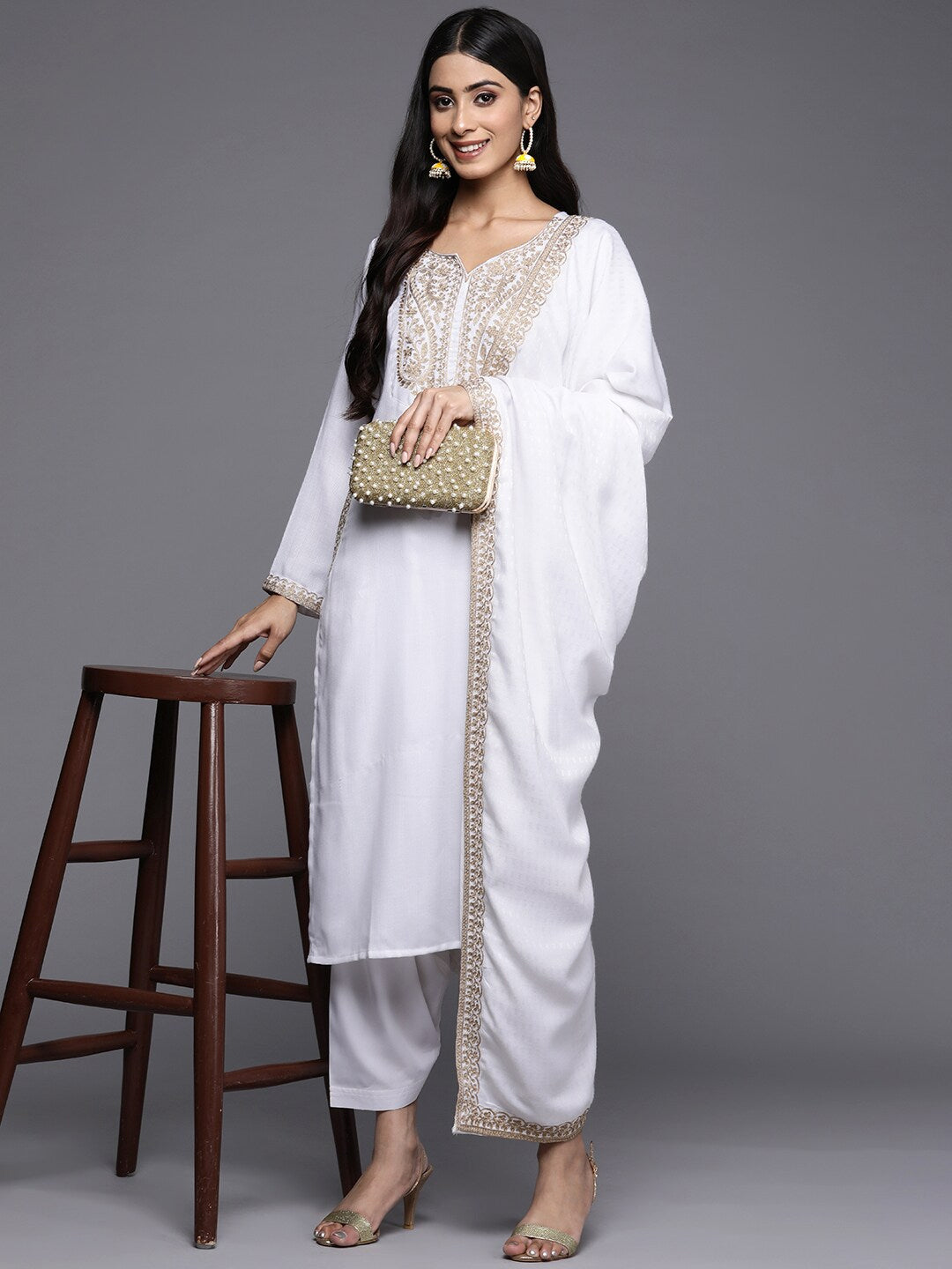 Women's White Ethnic Motifs Embroidered Pashmina Kurta Salwar Set With Dupatta - Ahalyaa