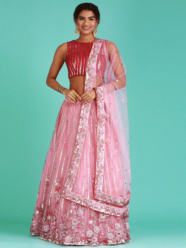 Women's Pink Net Sequince Work Lehenga & Blouse, Dupatta - Royal Dwells