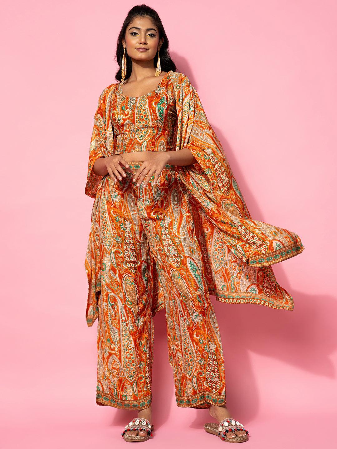 Orange Printed Silk Blend Co-Ords - Jashvi